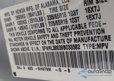 2009 Honda Odyssey Ex-L z USA, uszkodzony, nr VIN 5FNRL38639B033582